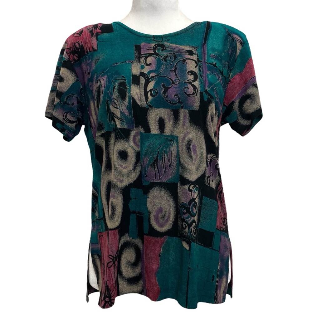 Amanda Vintage 80s Black & Multicolor Jewel Tone Swirl Pattern S/S Blouse